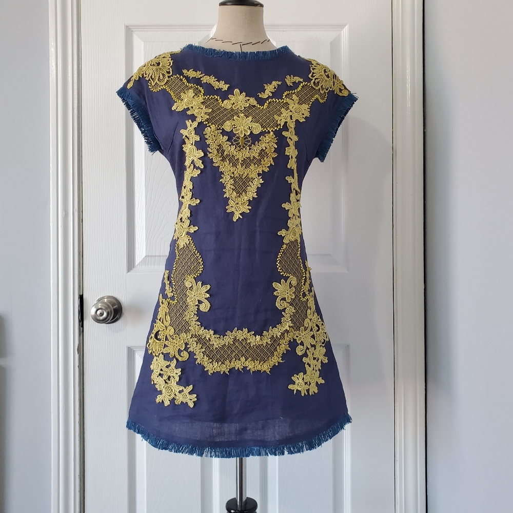Lafer Blue Dress with Yellow Lace Applique